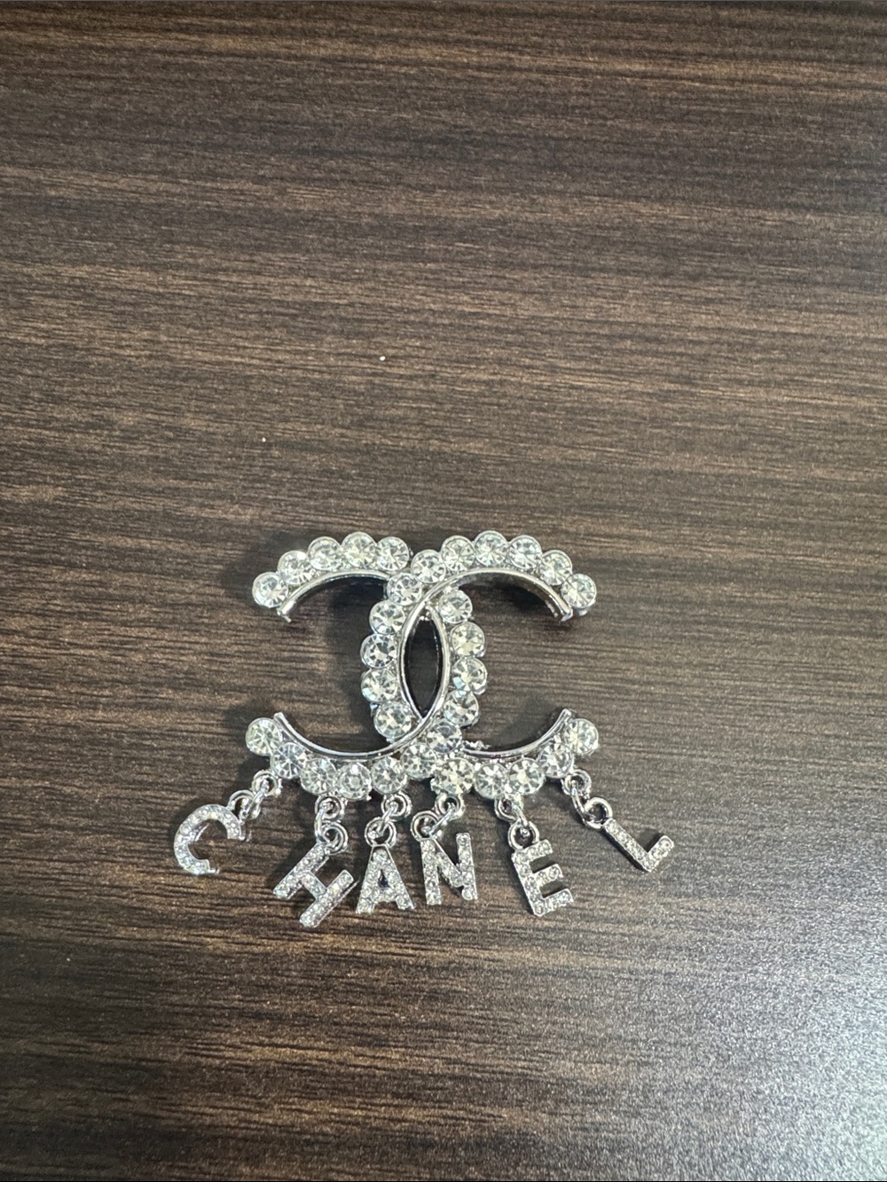Rhinestone Double C Charm Pin - Silver Crystal